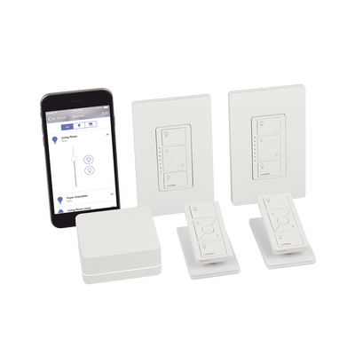 Kit de inicio de iluminación inteligente con hub Smart Bridge, 2 atenuadores de pared sin neutro, 2 controles Pico con pedestal de mesa y 2 placas, Caseta Wireless