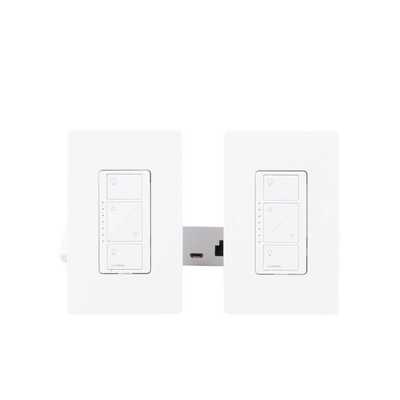 Kit de inicio de iluminación inteligente con hub Smart Bridge, 2 atenuadores de pared sin neutro, 2 controles Pico con pedestal de mesa y 2 placas, Caseta Wireless