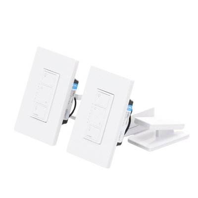 Kit de inicio de iluminación inteligente con hub Smart Bridge, 2 atenuadores de pared sin neutro, 2 controles Pico con pedestal de mesa y 2 placas, Caseta Wireless